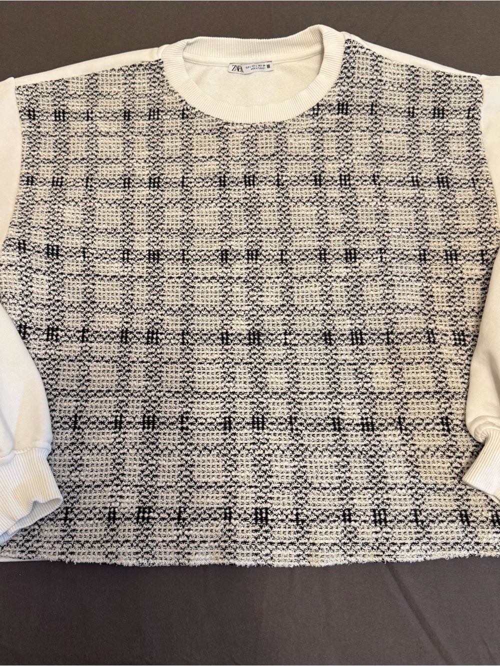 Zara Cream and Black Textured Plaid Knit Crewneck Sweater